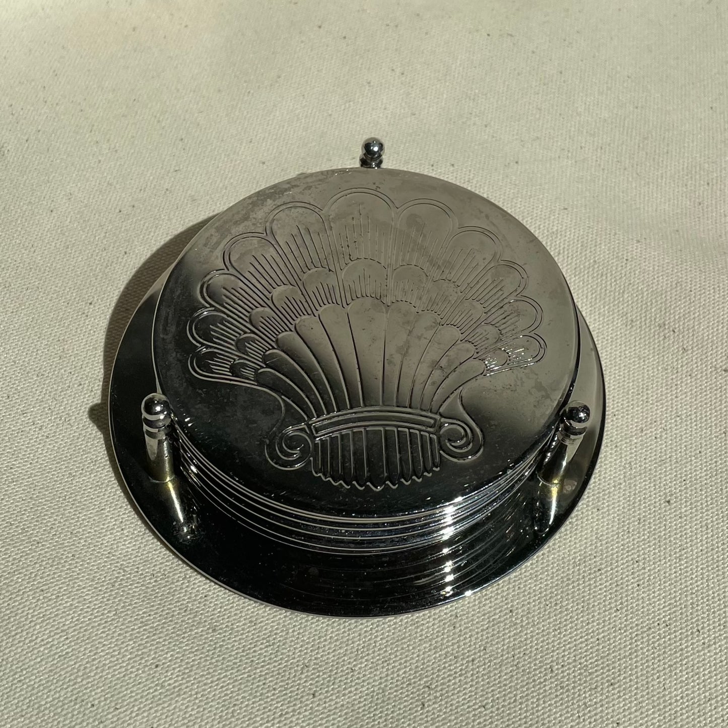 Set of 6 Engraved Silver Plated Shell Coasters with Stand