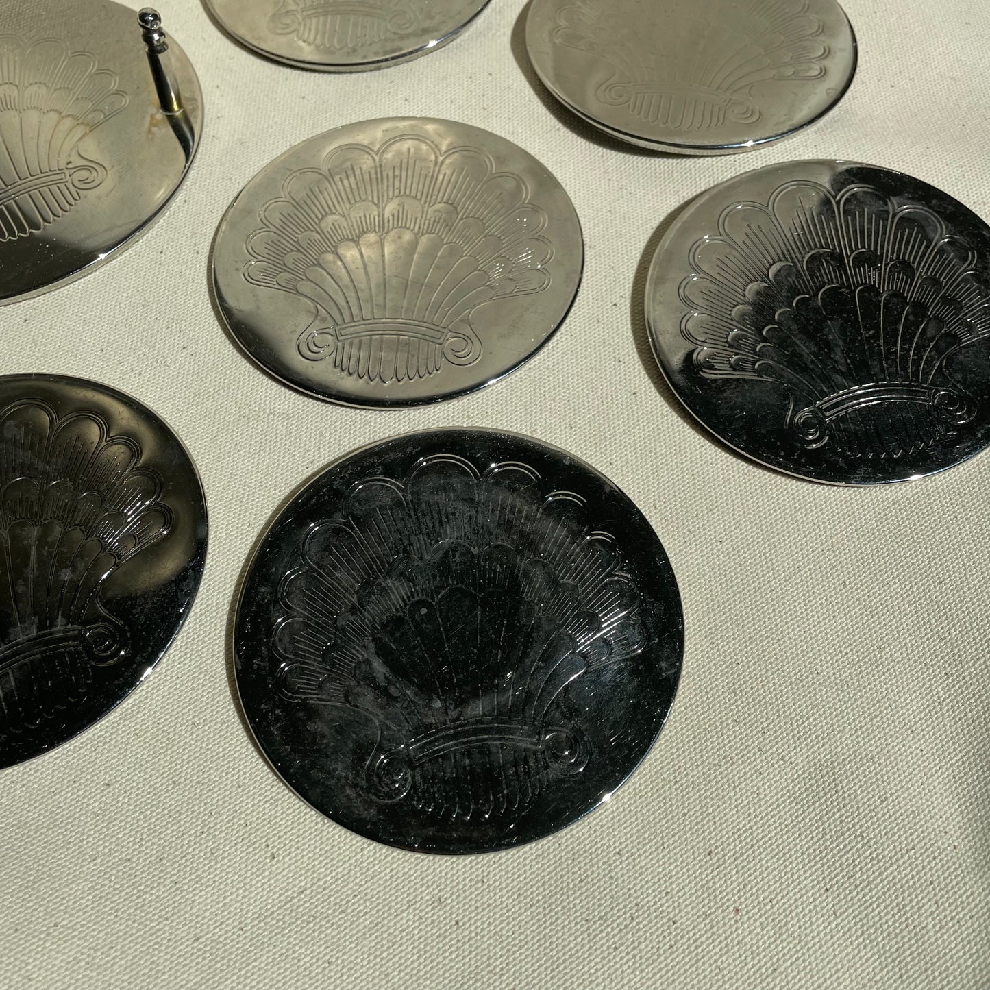 Set of 6 Engraved Silver Plated Shell Coasters with Stand