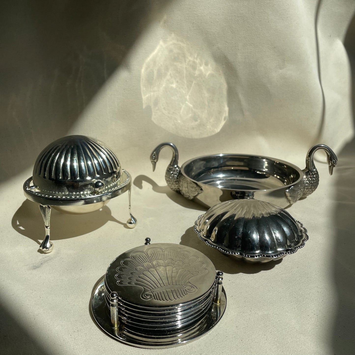 Set of 6 Engraved Silver Plated Shell Coasters with Stand