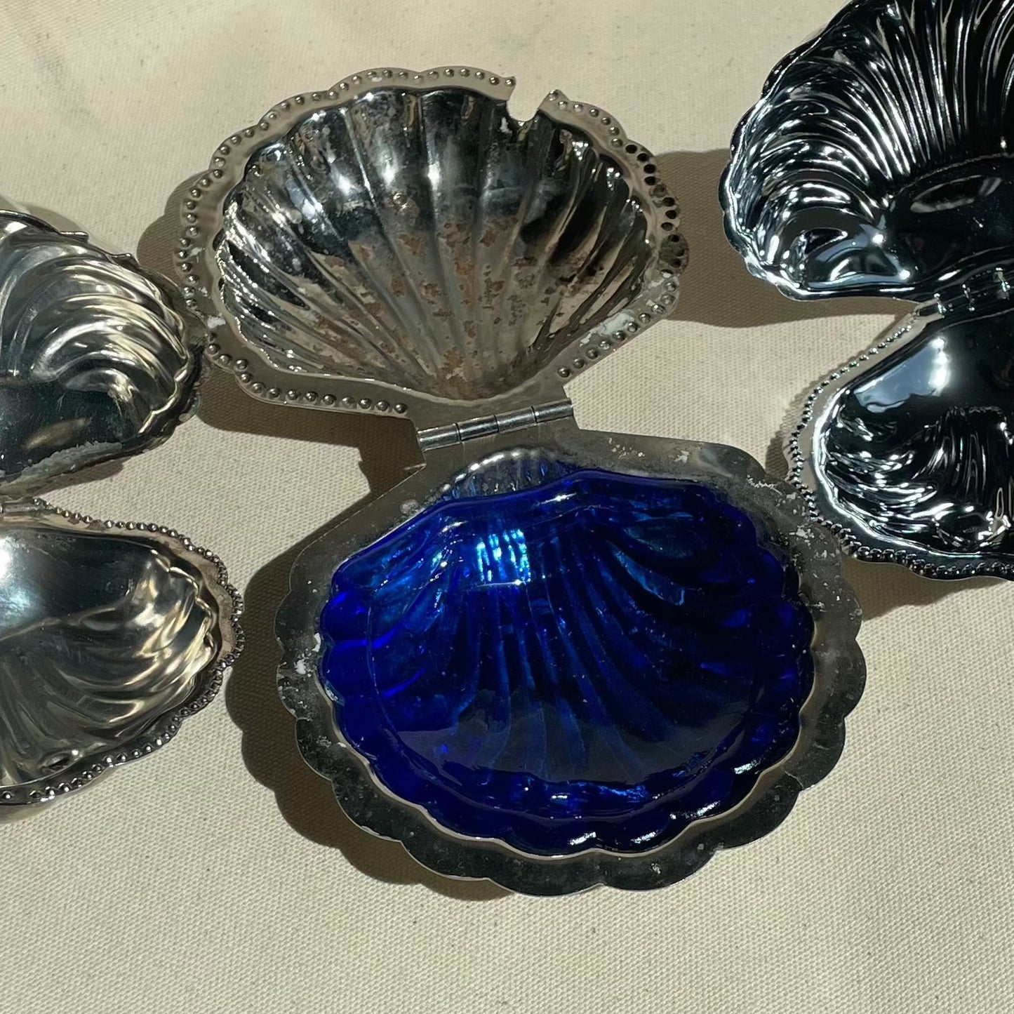 Silver Plated Shell Shaped Butter Dish with Blue Inner Dish