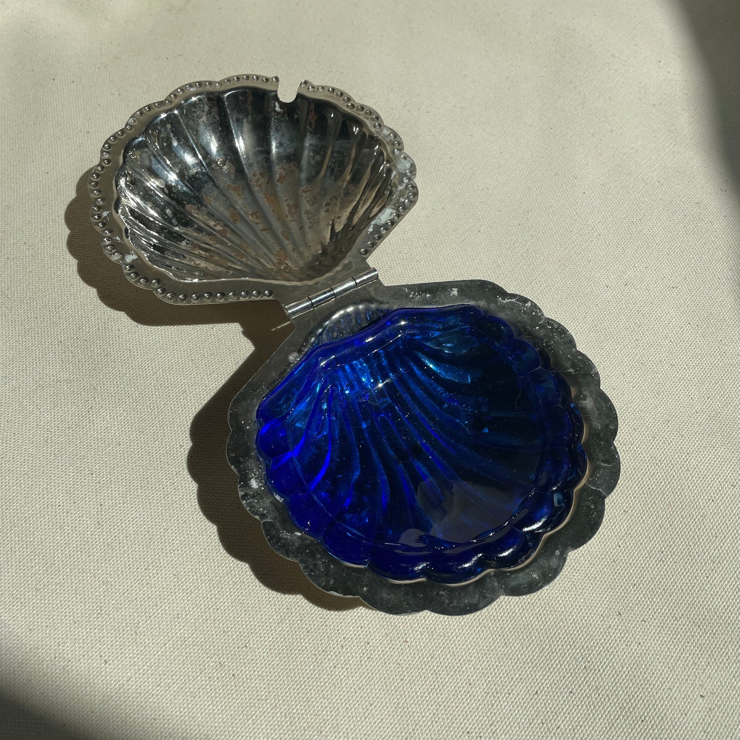 Silver Plated Shell Shaped Butter Dish with Blue Inner Dish