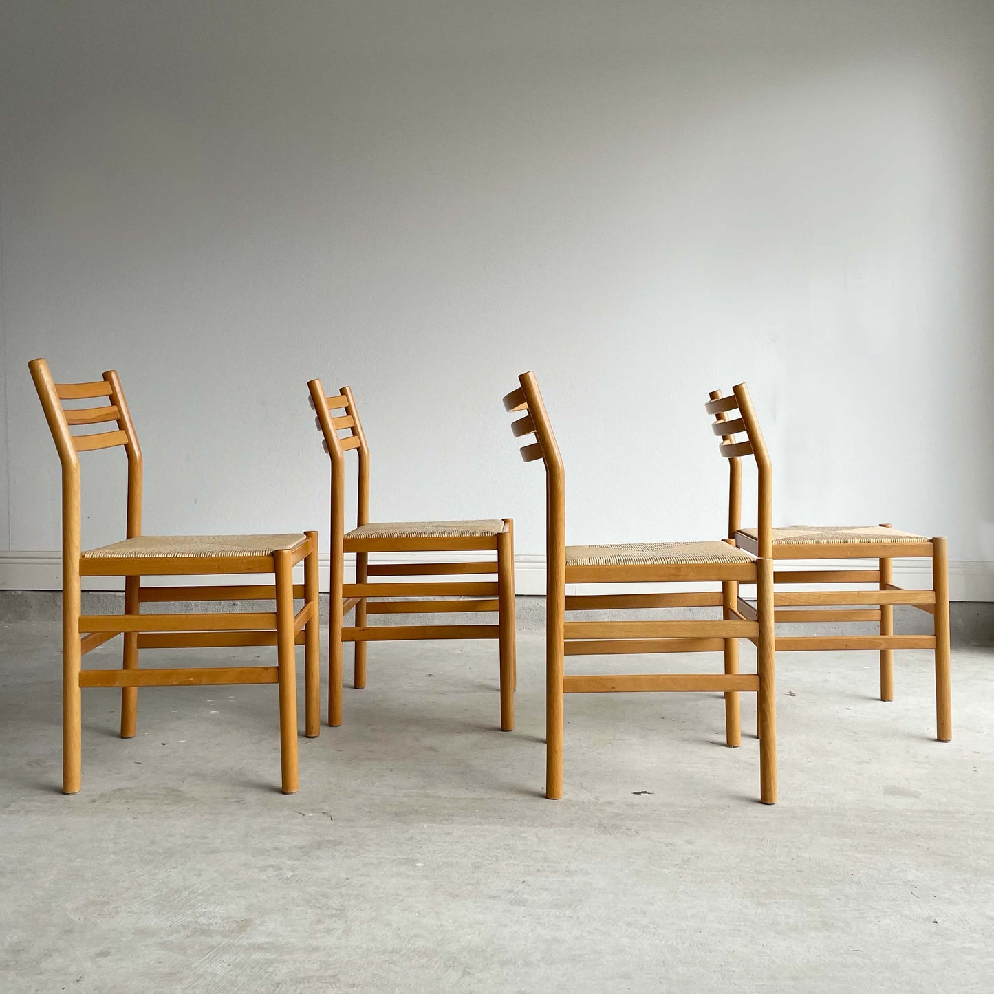 Set of 4 MCM Beech Chairs with Rush Seating