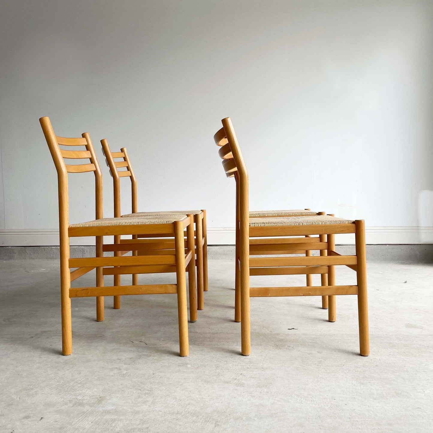 Set of 4 MCM Beech Chairs with Rush Seating