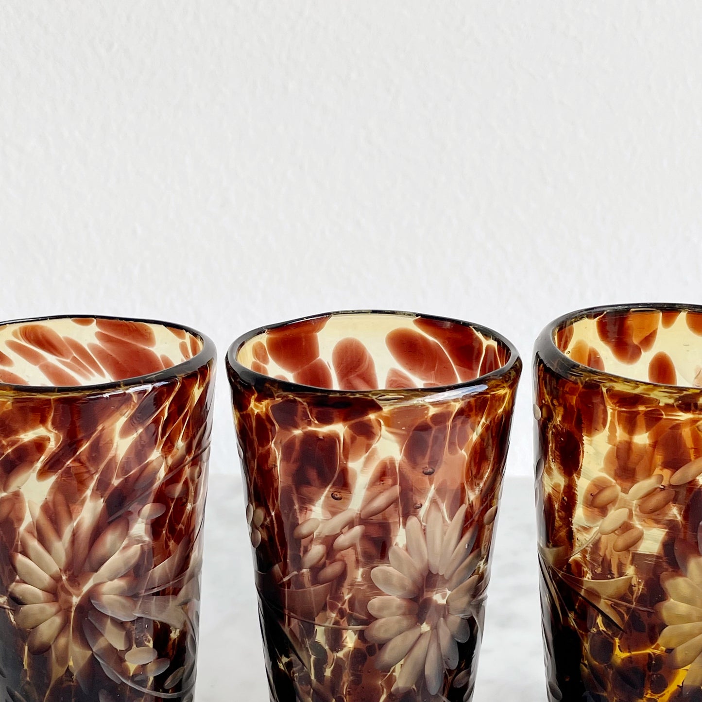 Etched Floral Hand Blown Tortoise Shell Tumblers x3