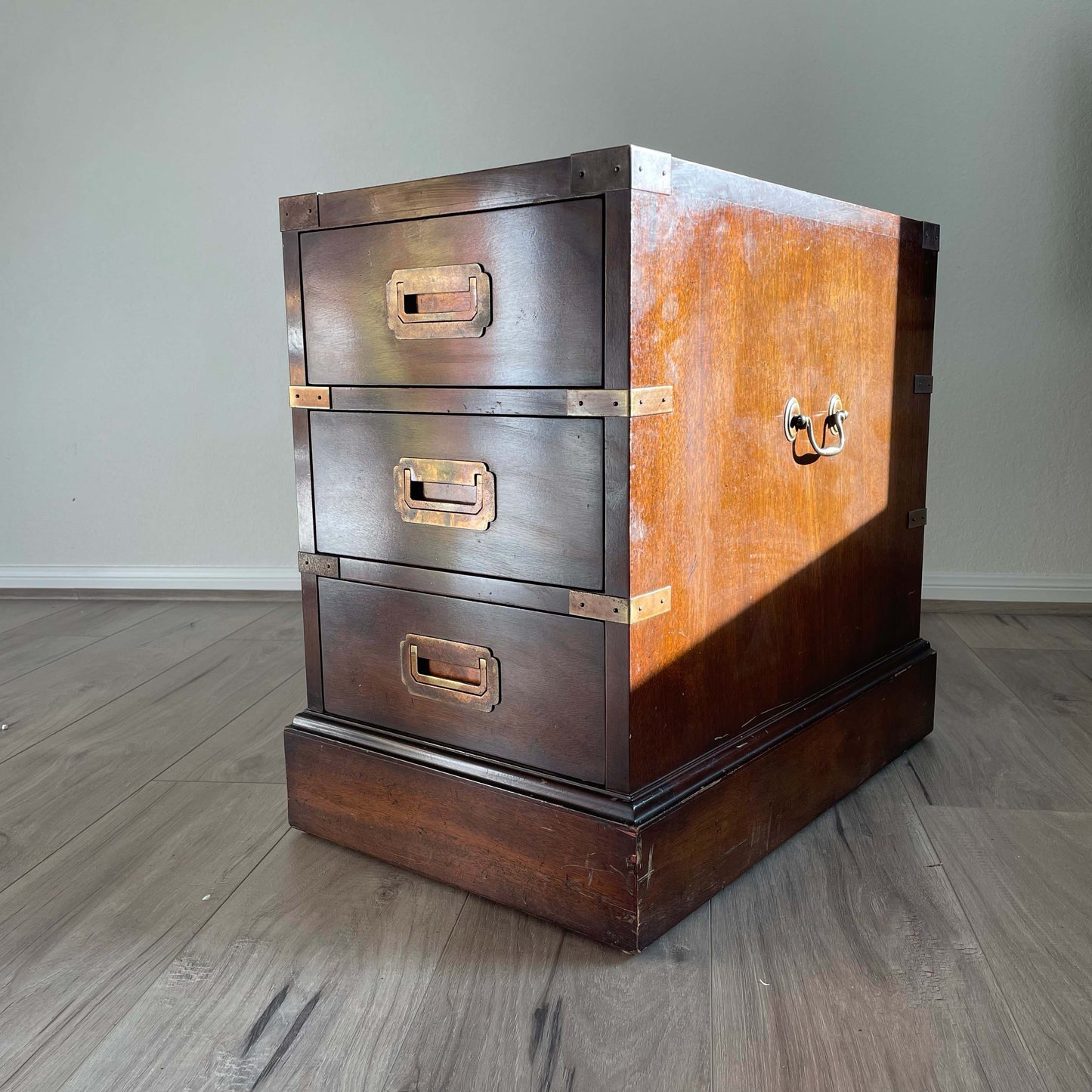 Vintage Campaign Style 3-Drawer End Table, Bedside Chest - One