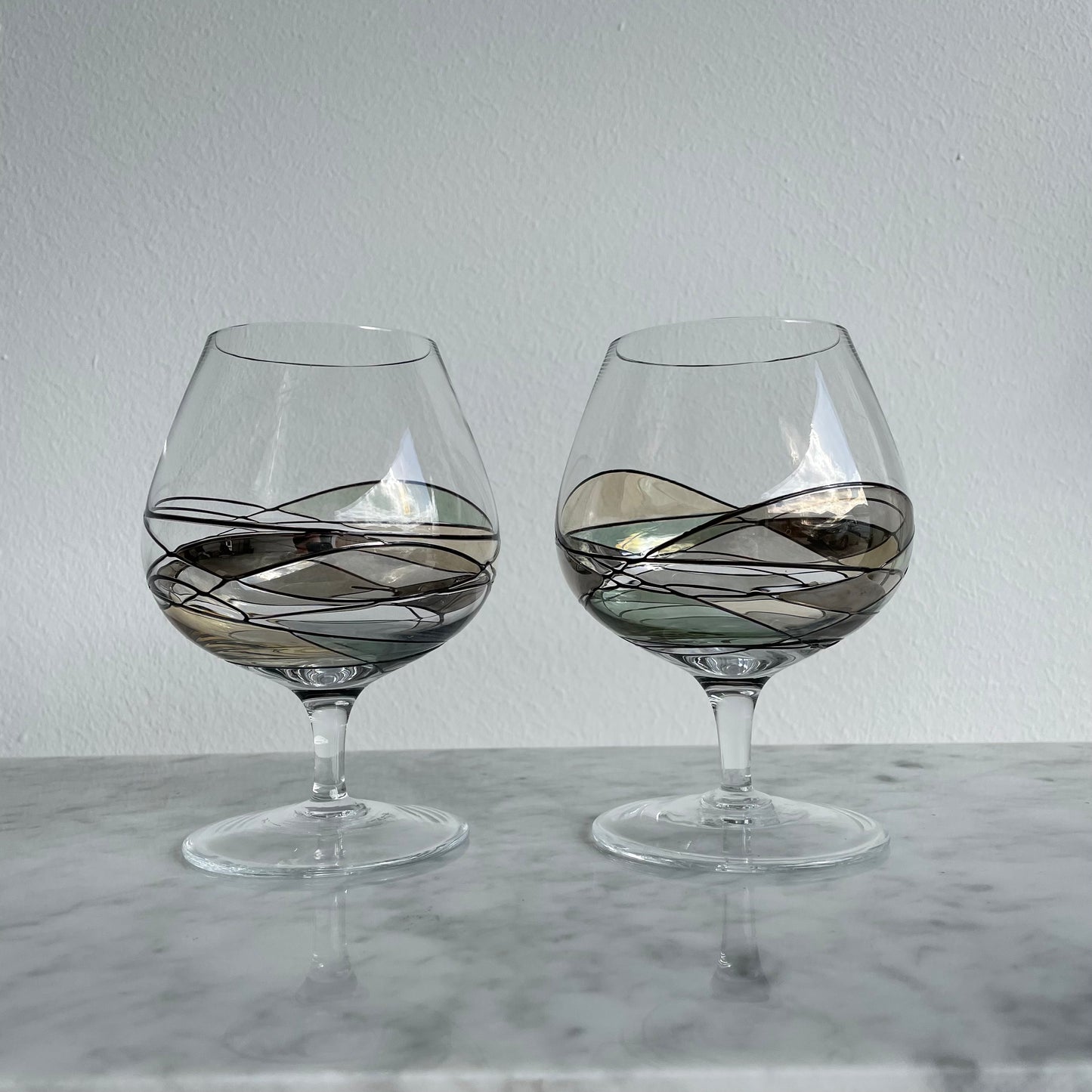 Hand Painted Mosaic Romanian Stained Glass Brandy Snifters x2