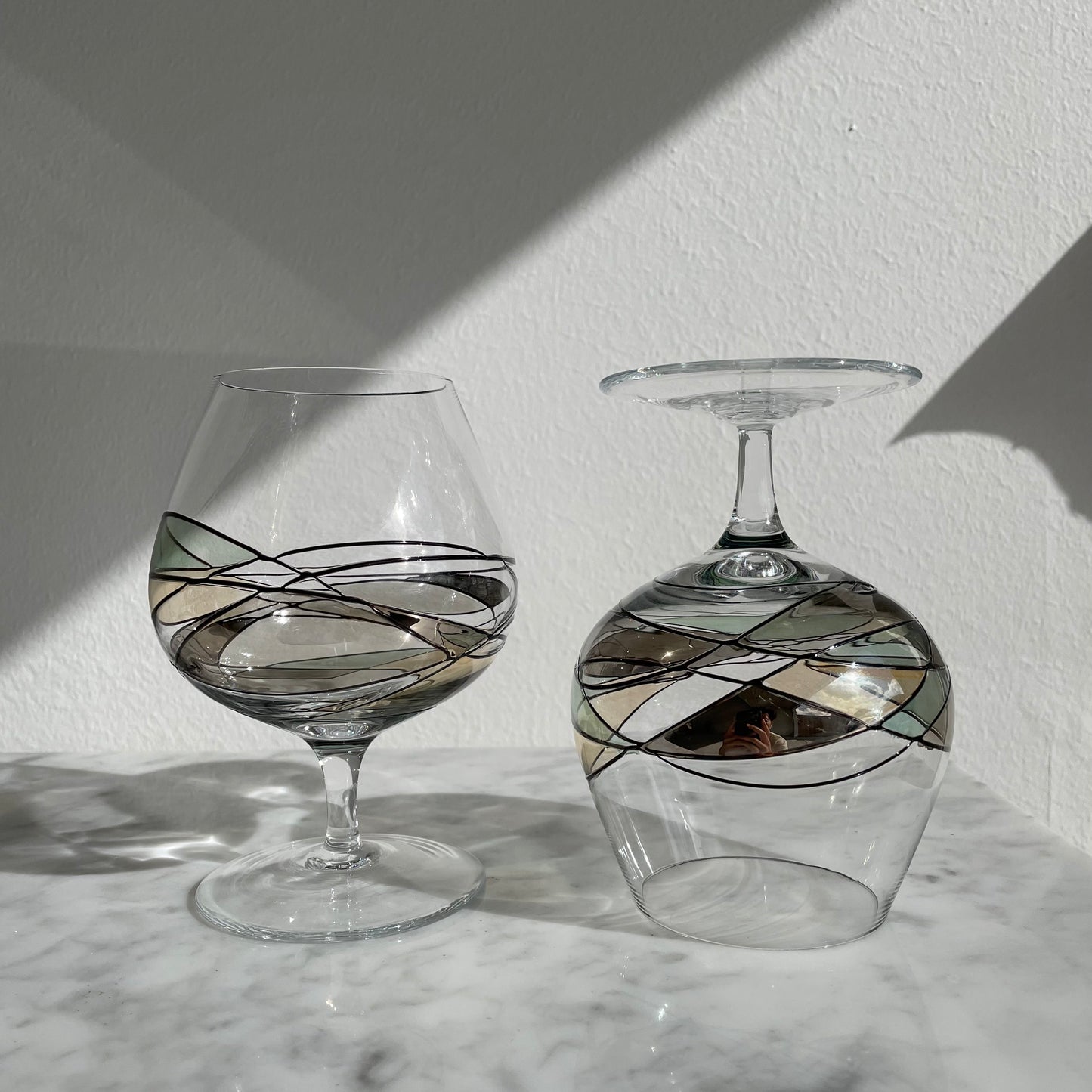 Hand Painted Mosaic Romanian Stained Glass Brandy Snifters x2