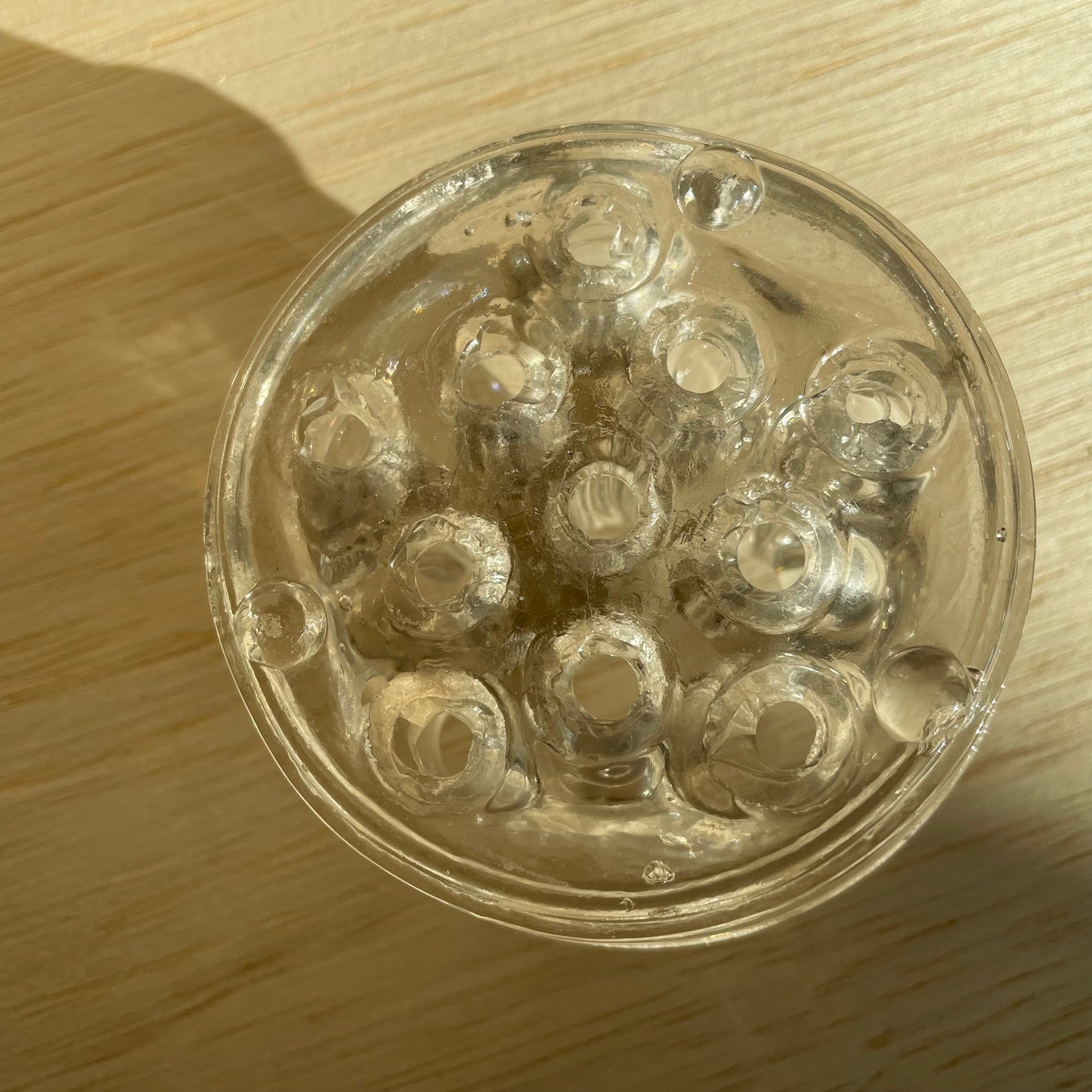 Vintage Clear Glass Round Flower Frog 11 Holes Floral Arrangement Holder