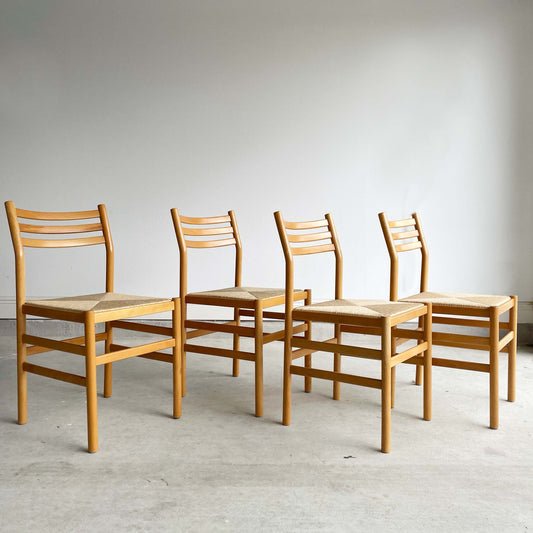 Set of 4 MCM Beech Chairs with Rush Seating