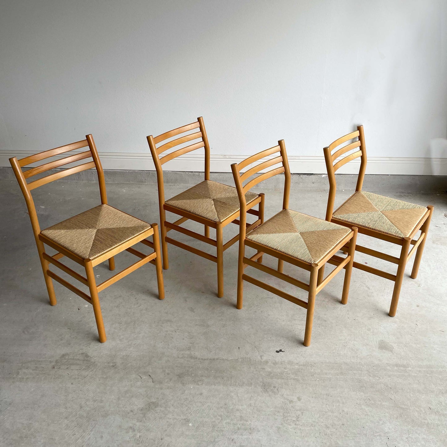 Set of 4 MCM Beech Chairs with Rush Seating