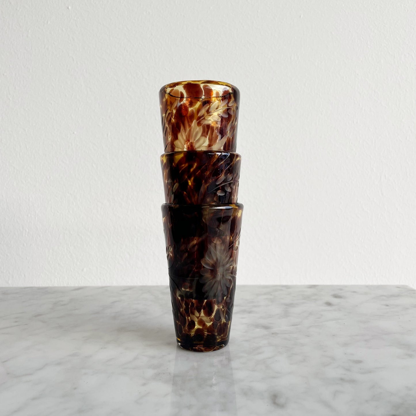 Etched Floral Hand Blown Tortoise Shell Tumblers x3
