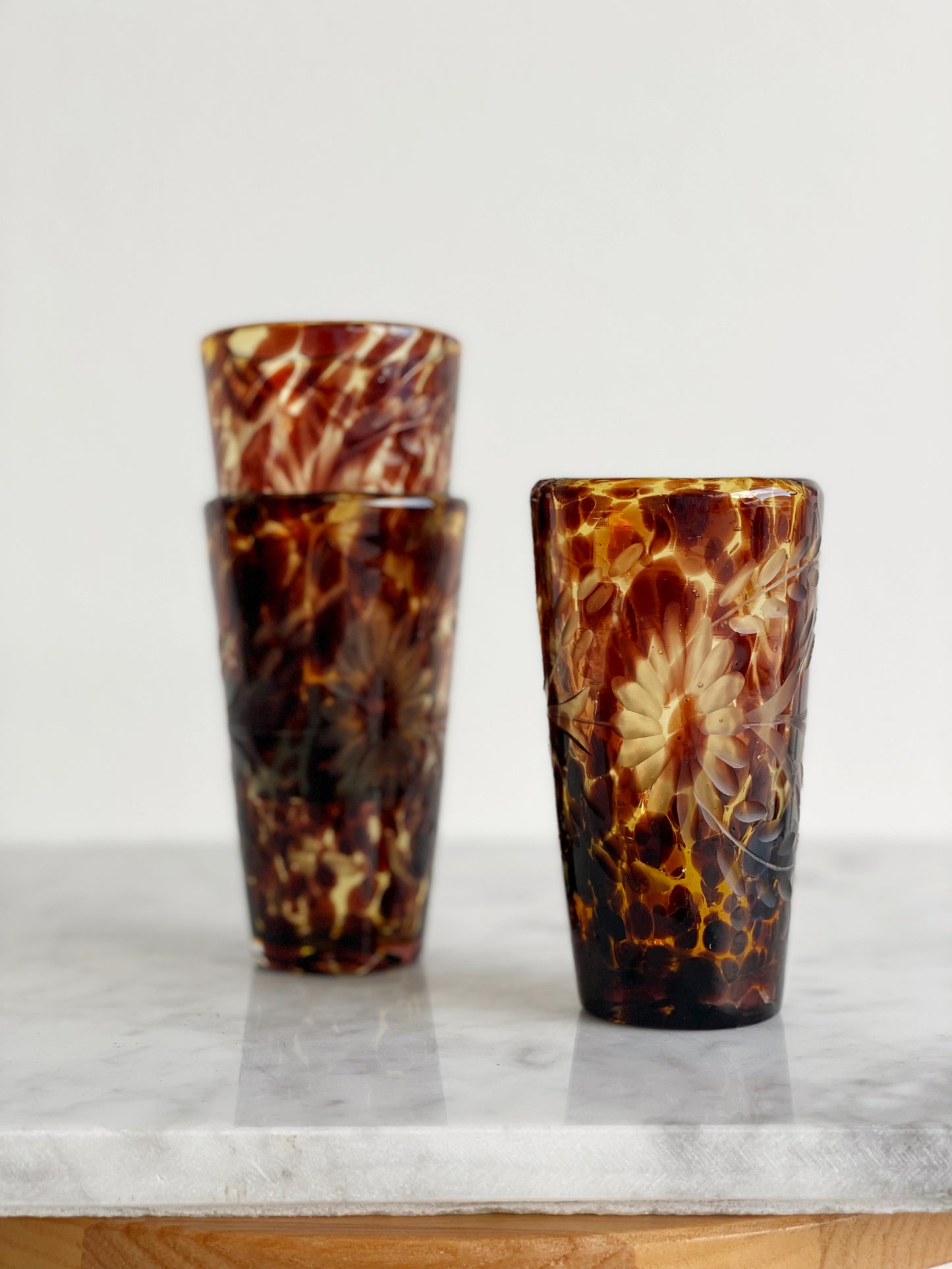 Etched Floral Hand Blown Tortoise Shell Tumblers x3