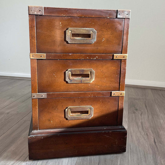 Vintage Campaign Style 3-Drawer End Table, Bedside Chest - One