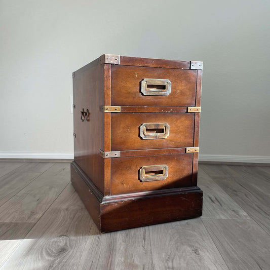 Vintage Campaign Style 3-Drawer End Table, Bedside Chest - One