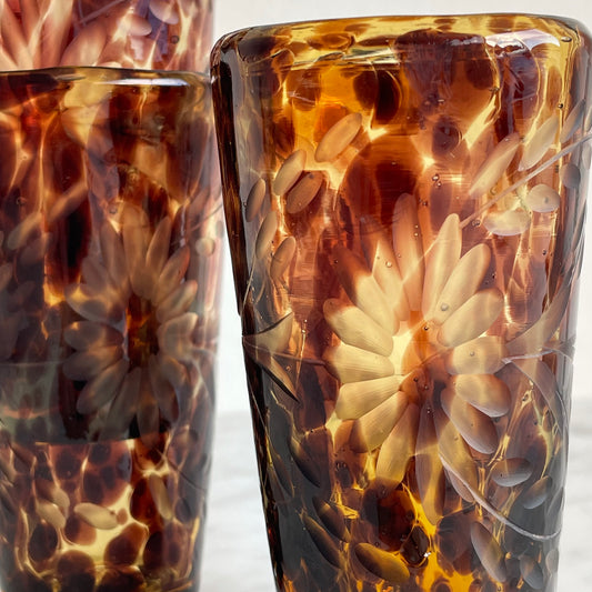 Etched Floral Hand Blown Tortoise Shell Tumblers x3