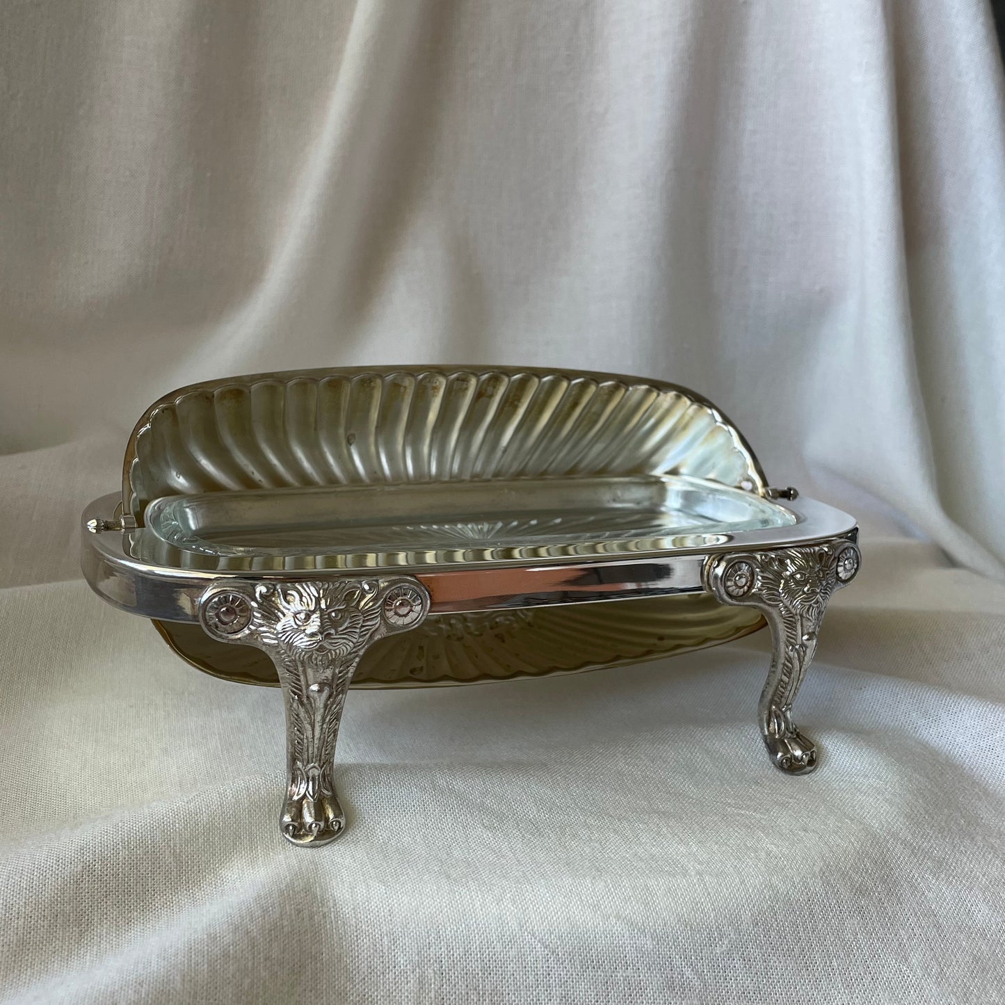 Silver Plate Butter Dish Lion Paw Footed Clam Shell Rolltop