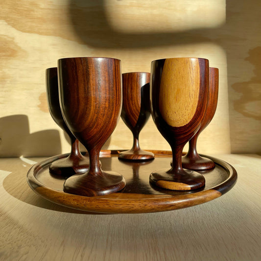 Vintage Wood Wine Goblets Set of 6 With Platter