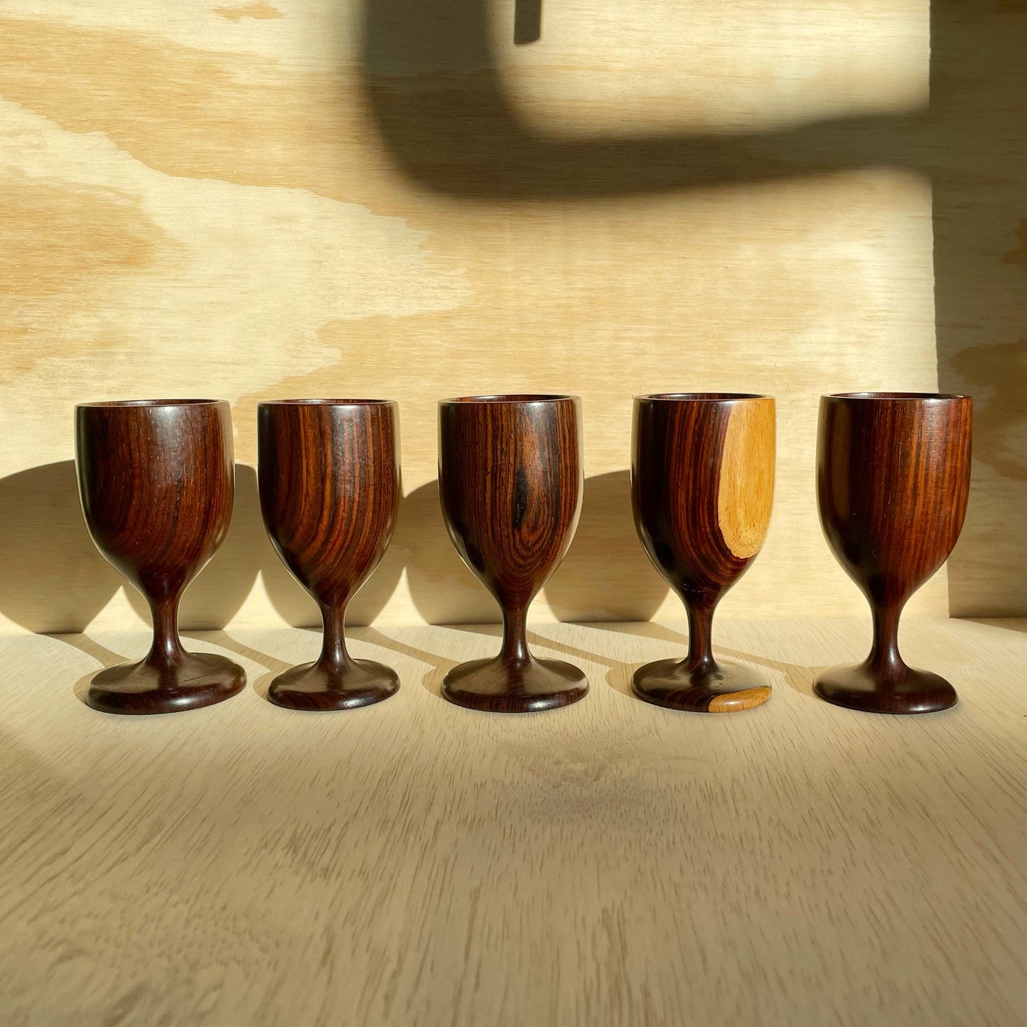 Vintage Wood Wine Goblets Set of 6 With Platter