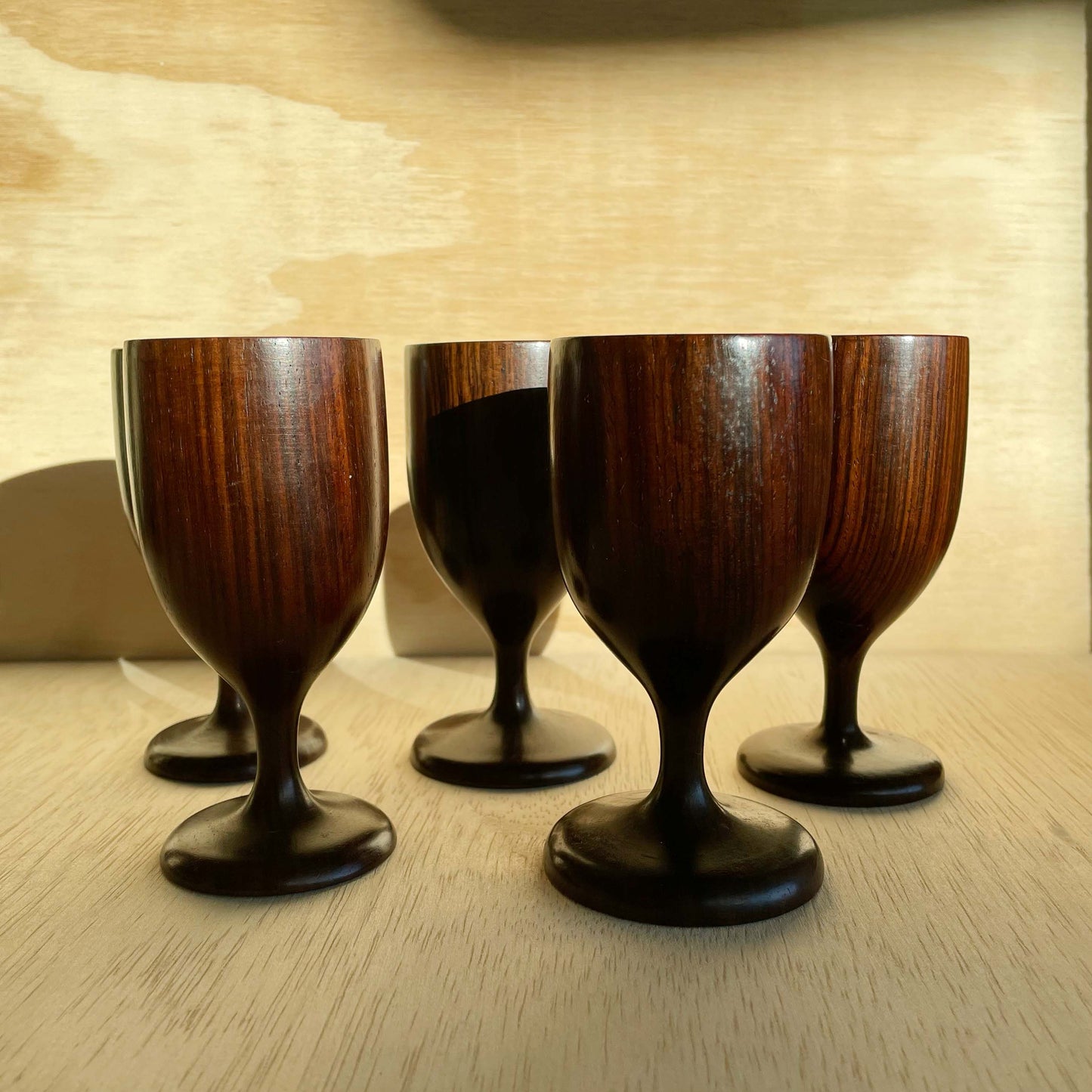 Vintage Wood Wine Goblets Set of 6 With Platter