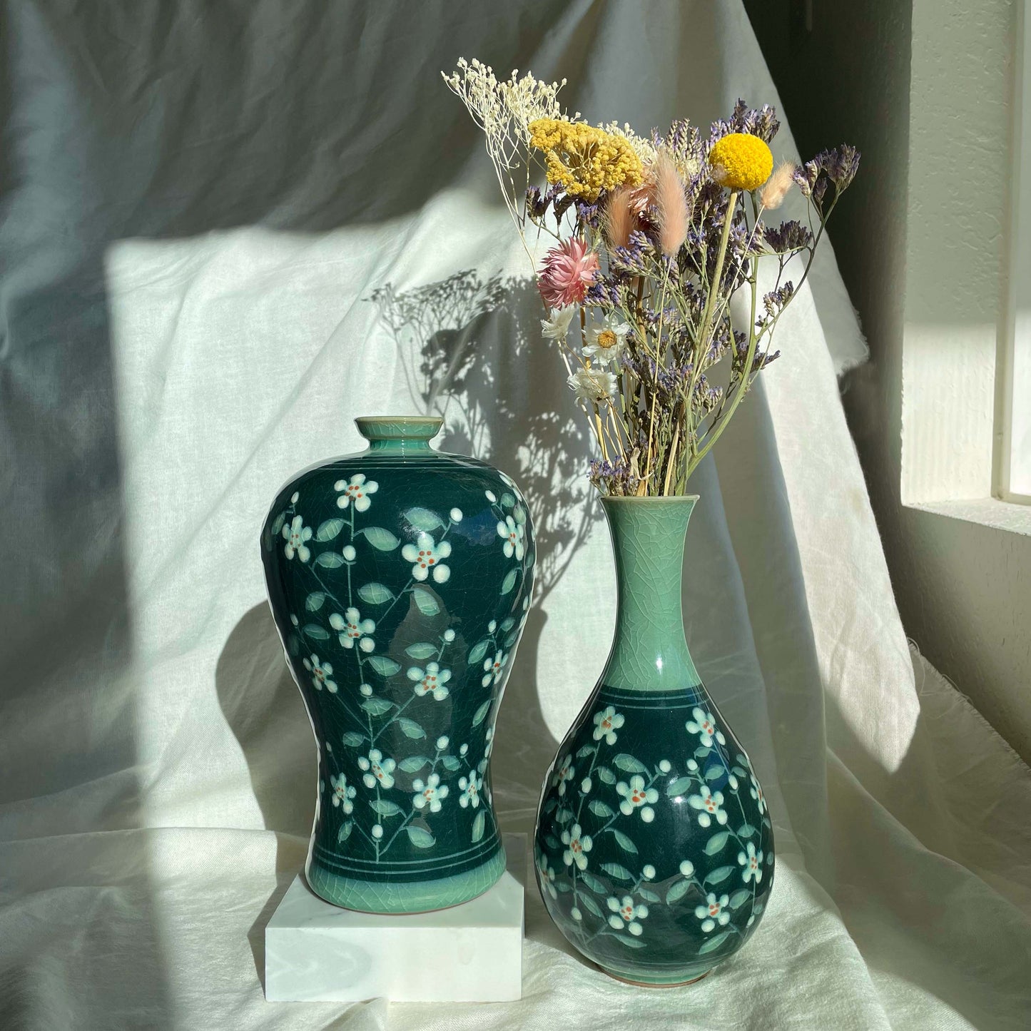 Pair of Celadon Vase + Bottle