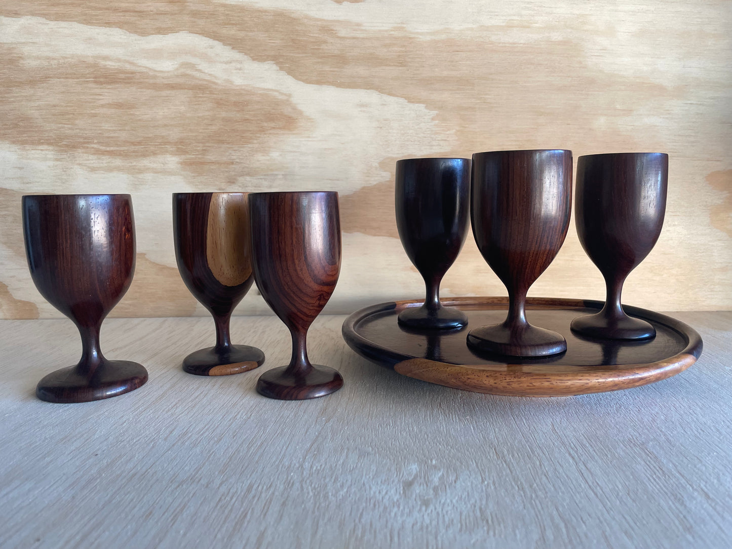 Vintage Wood Wine Goblets Set of 6 With Platter